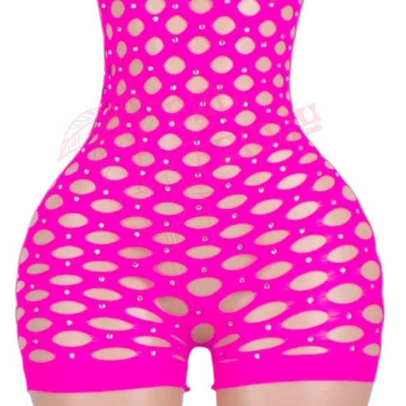 HOT PINK Large Diamond Fishnet Rhinestoned Tube Top Bodystocking - EXOTIC D… - Picture 3 of 3